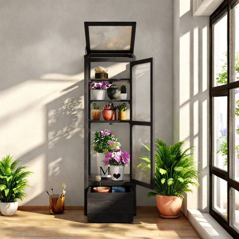 Black Fir Wood Garden Greenhouse with Adjustable Shelves and Storage Box