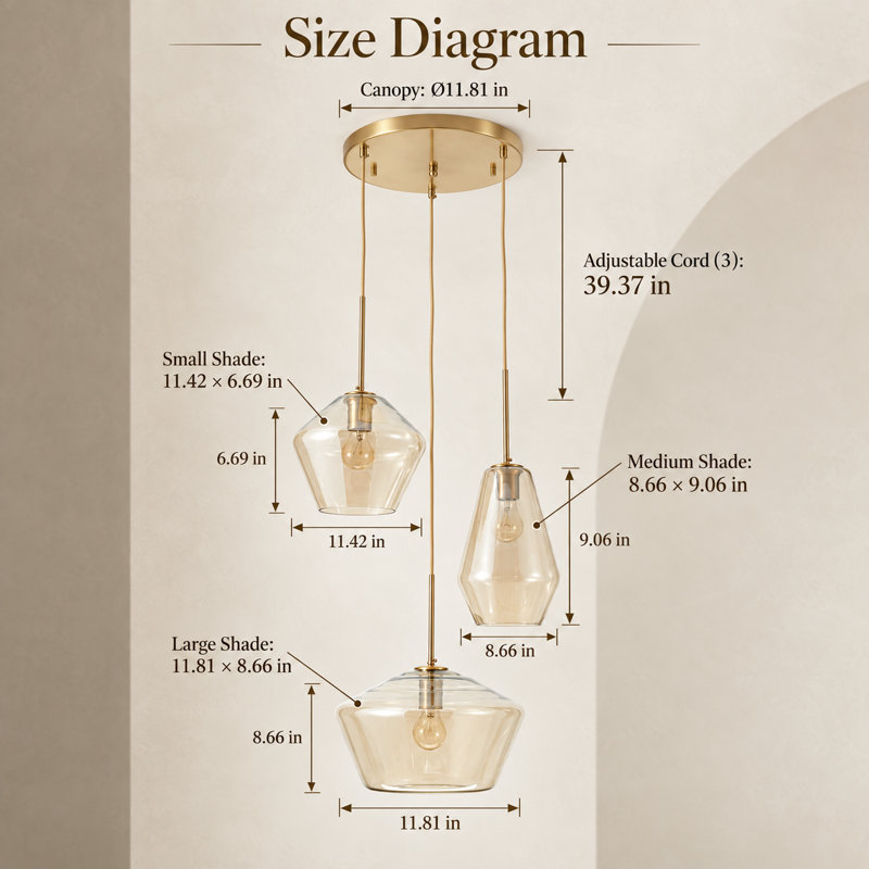 12 Inch Gold Champagne Glass Modern 3 Light Cluster Pendant Chandelier for Elegant Dining Kitchen and Living Room Ambiance