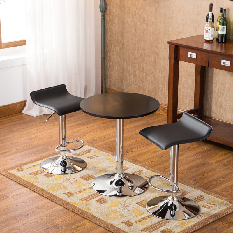 Ensemble de table de bar réglable en bois et en métal chromé et 2 tabourets pivotants réglables en chrome, Noir