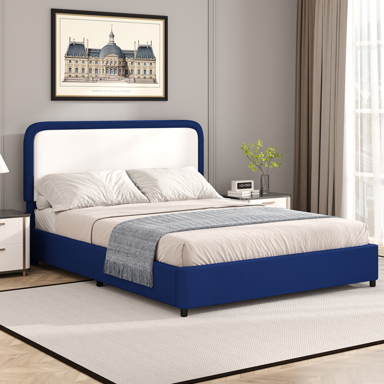 Bed Frame, Upholstered Platform Bed with Curved Headboard, Classic Color-Block Design, Soft Rounded Corners, No Box Spring Required, Easy Assembly