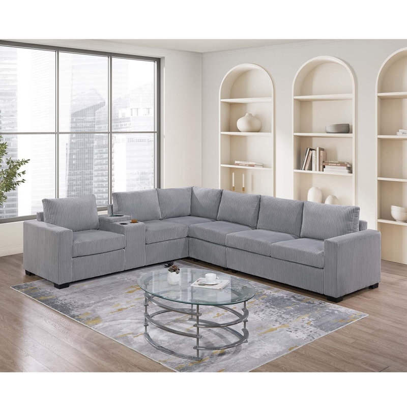 Ensemble modulaire large en velours côtelé avec console, Velours côtelé gris pâle