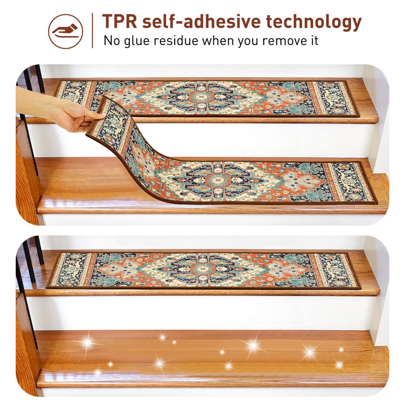 Oriental Red and Blue Polyester Non-Slip Stair Treads, 15 Pack