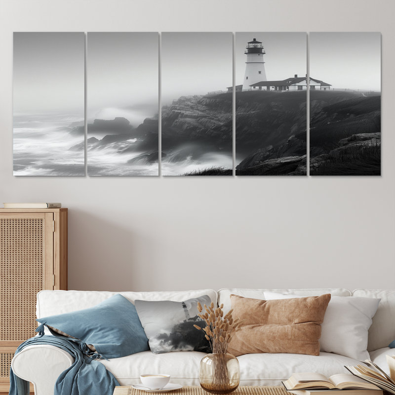 Phare monochrome brouillard d'hiver Cliff II - ensemble de décorations murales phares, H 32 po x l 80 po