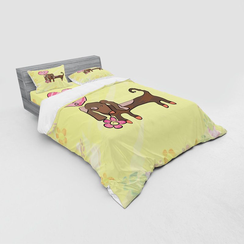 Ensemble de housse de couette en microfibre jaune / brun, Housse de couette grand + 3 pièces supplémentair