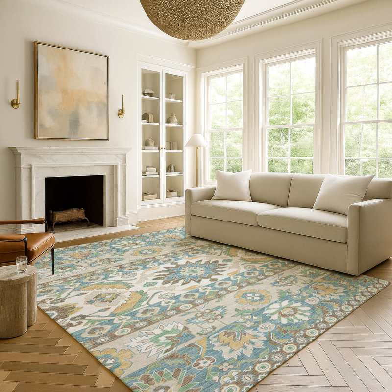 Tapis traditionnel lavable à la machine intérieur / extérieur ACN2583, Sarcelle, 10 pi x 14 pi