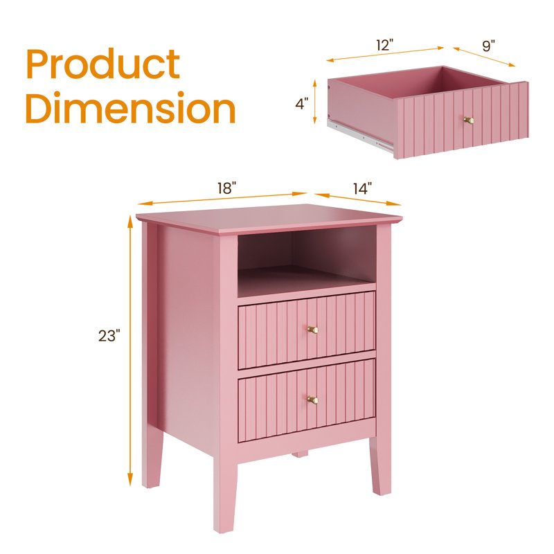 Philomena 2 Drawer Nightstand, Pink without charge station