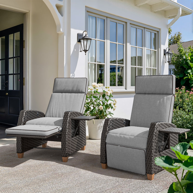 Moore Wicker Recliner Patio Chair With Cushions, Set of 2, Gray Cushion/Matte Black Frame