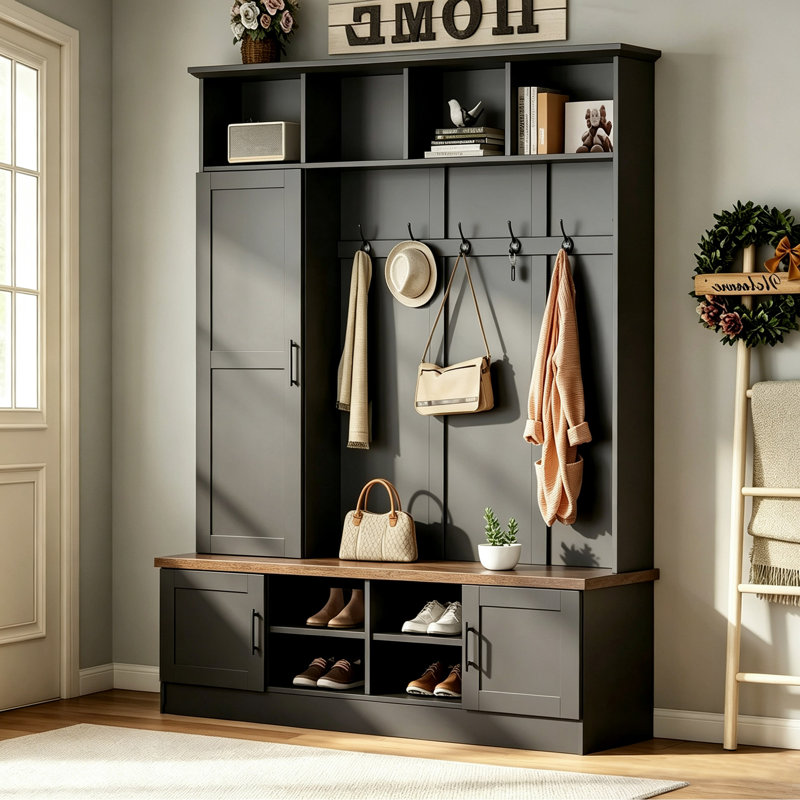 Arbre d'entrée 55,1 po avec banc de rangement, 5 crochets, 4 casiers ouverts et 3 armoires pour vestibule, Black