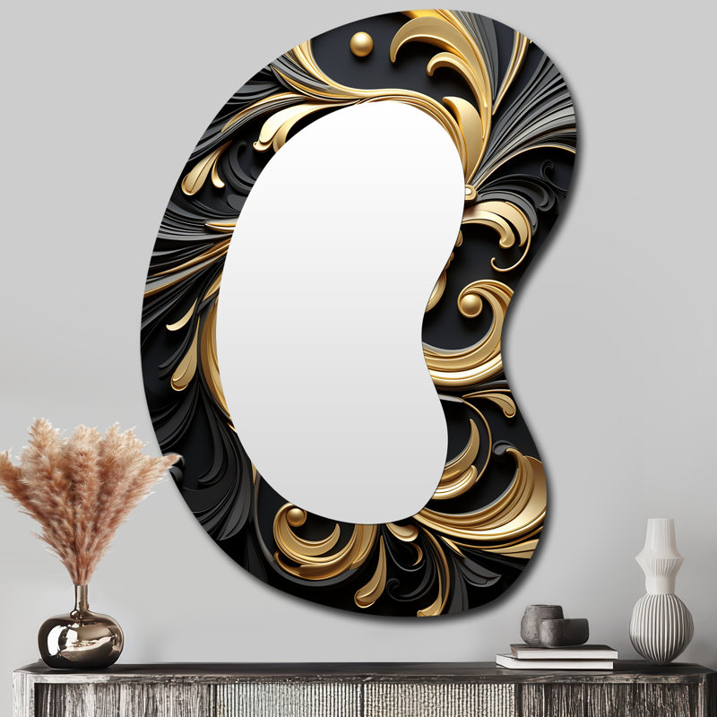 Eufrosina Golden Ornament Pattern On Black III - Abstract Spirals Unique Shape Unique Wall Mirror Decor, Gold Asymmetrical Large Mirror, Printed Metal Art