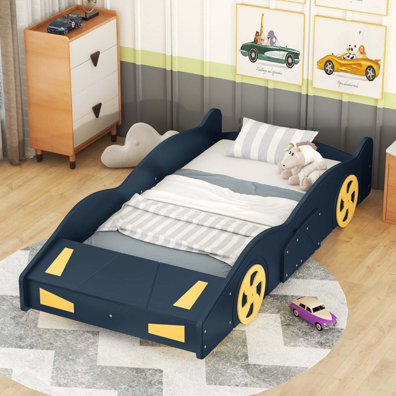 Lit plateforme en forme de voiture de course, Bleu foncé, Simple