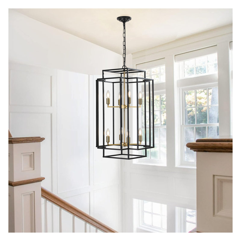 Luminaire suspendu géométrique moderne de 18 po à 8 lumières, noir industriel et chrome avec cadre en métal à hauteur réglable pour le salon de la cuisine