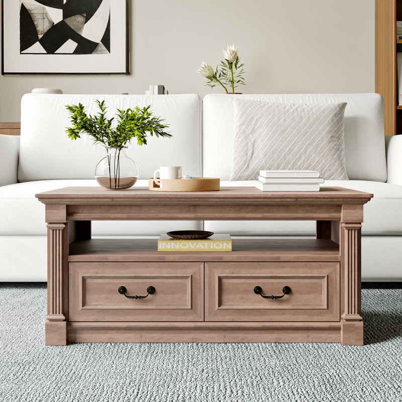 48”W Traditional American Coffee Table – Rectangular Wood Tabletop With Straight Apron, Smooth Natural Finish – Classic Living Room Center Table