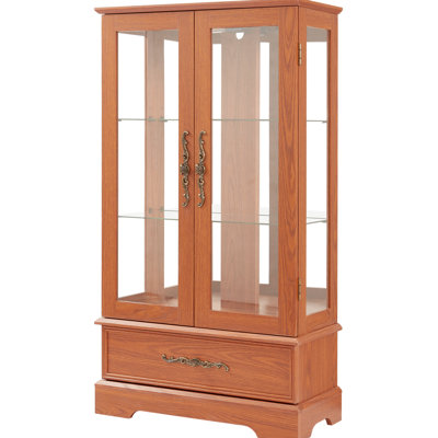 Dark Oak Lighted Curio Cabinet, 2-Door With Adjustable Shelves, American Retro Style, Storage Drawer, Quick Assembly, Illuminated Design, Vintage Metal Handle, Tipping Feature Glass Finish, Ample