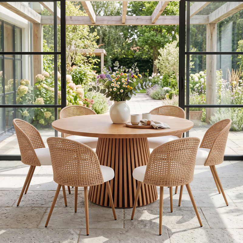 Ensemble de salle à manger rond de 7 pièces avec table sur pied et chaises rembourrées en rotin, 7 pièces : table, 6 chaises
