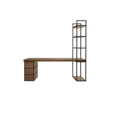 Bureau 86,61 po en noyer clair + bois massif noir rectangulaire + fer avec 3 tiroirs