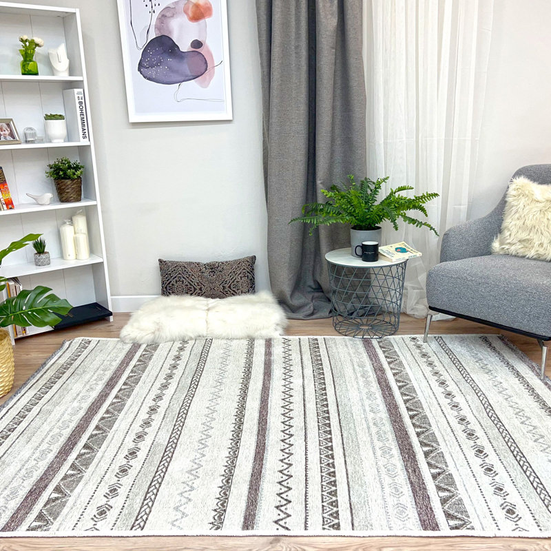 Alfa Rich Nasworthy Gray White Cream Washable Cotton Area Rugs for Living Room Bedroom Kitchen, Rectangle 6'5" x 9'5"