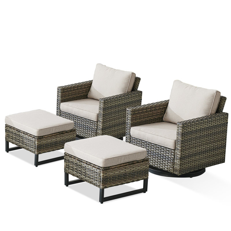 Nazime Outdoor Patio Swivel Rocking Chairs With Ottomans (Set Of 2), Beige