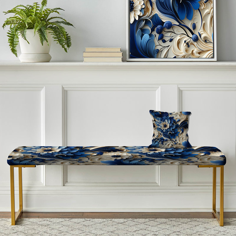 Blue Scrollwork Swirls Victorian Pattern II - Floral Upholstered Gold Bench