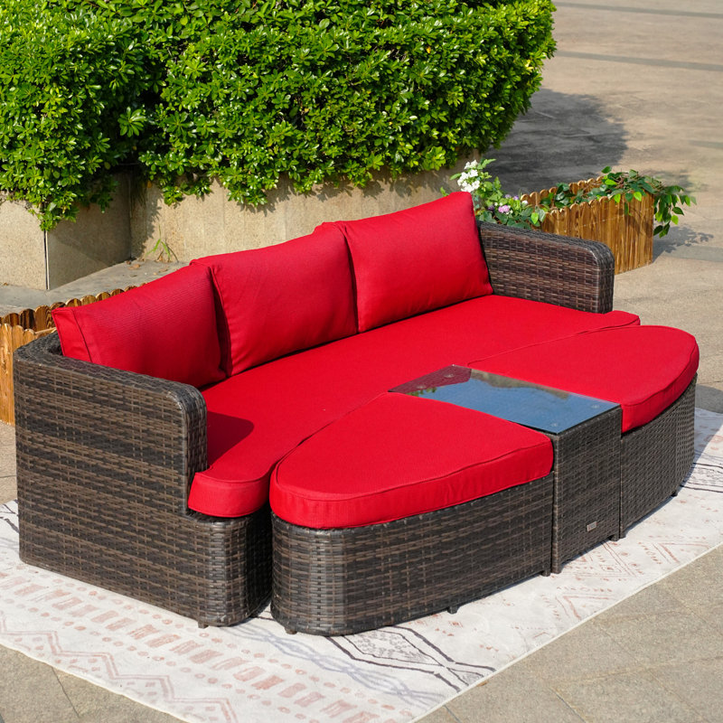 Anazco 89'' Wide Curved Patio Daybed with Cushions, Brown, Red