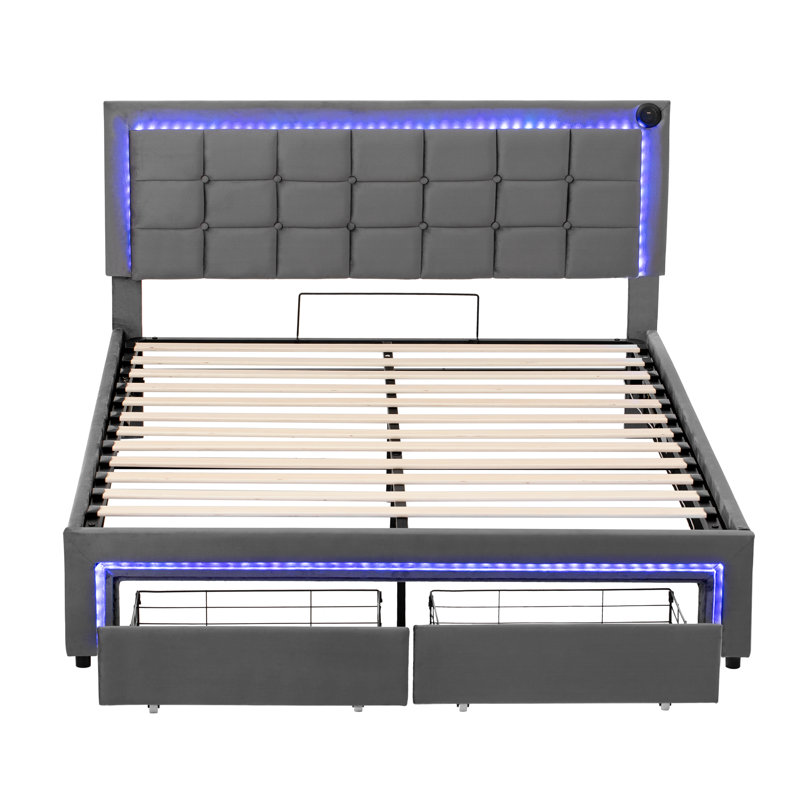 Ottoman Bed With Led And Usb Linen Grey, King (155 x 207 cm)