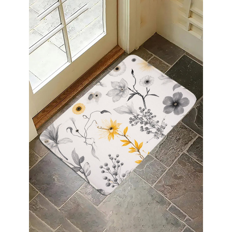 Black White Yellow Floral Decor Bath Rug For Bathroom, 36 X 24
