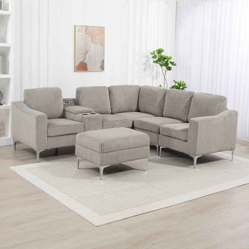 7 - Piece Upholstered Sectional, Grey Corduroy