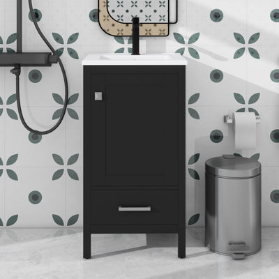 Meuble-lavabo moderne de 18 pouces avec lavabo en céramique, tiroirs à fermeture en douceur et organisateur de porte, tiroir de séparation et patins réglables en plastique