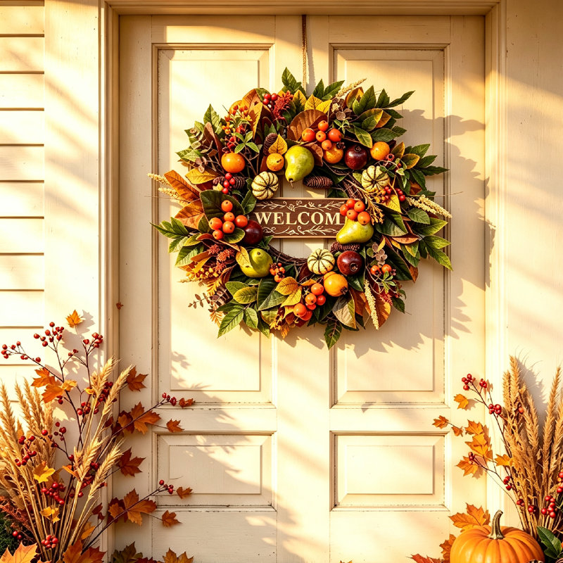 Couronne d'automne 24 po pour la porte d'entrée avec panneau «Welcome» - citrouille, pomme, poire et baie