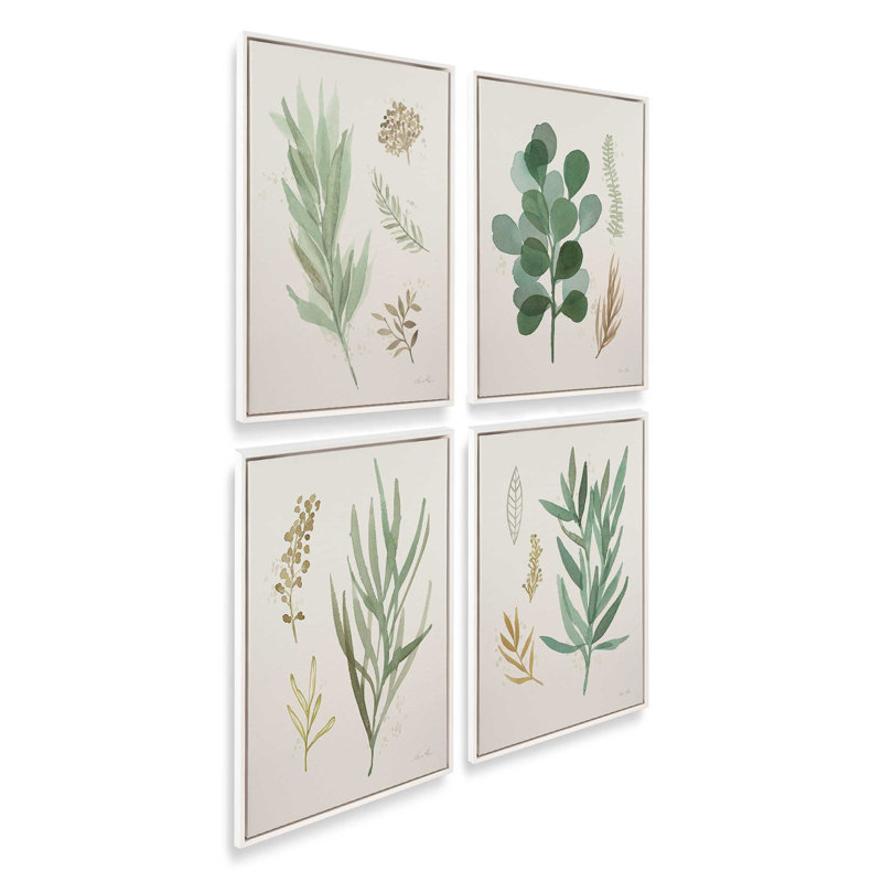 Ensemble de 4 «Earthy Greens in Bloom», H 19 po x l 52 po, Cadre flottant blanc opaque