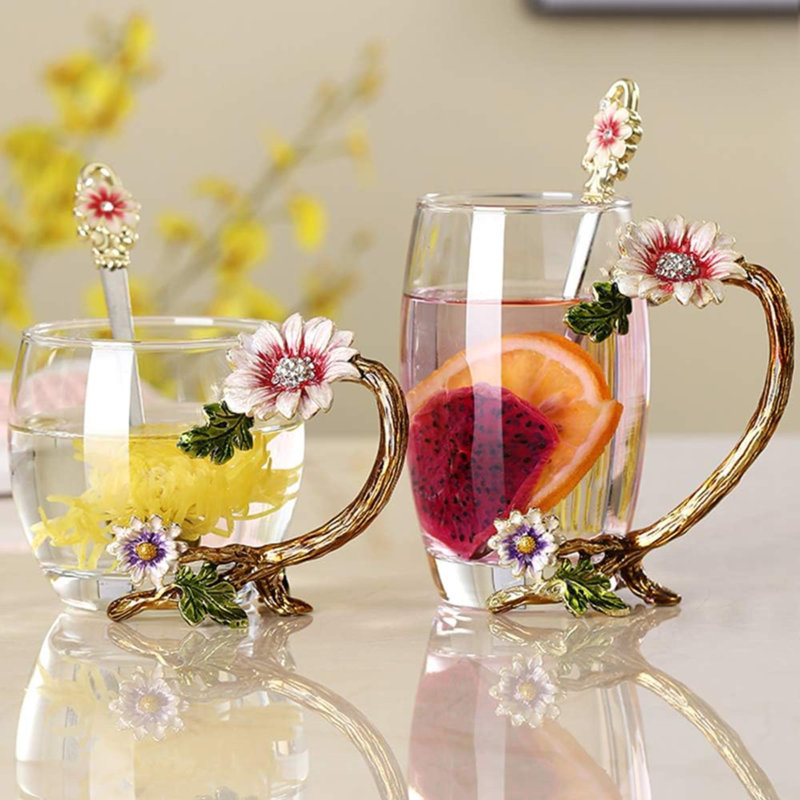 Tasse à thé en verre émaillé sans plomb en cristal avec tournesol et cadeau pour la Saint-Valentin