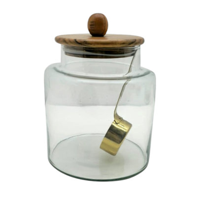Bocal cylindrique en verre moderne avec couvercle pour la décoration intérieure - Bocal de table haut, fonctionnel et décoratif, avec cuillère pour le salon ou la chambre - Transparent et brun