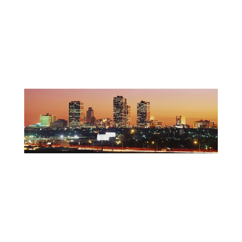 Buildings Lit Up at Dusk, Fort Worth, Texas, USA 1 Piece Wrapped Canvas Panoramic Wall Art
