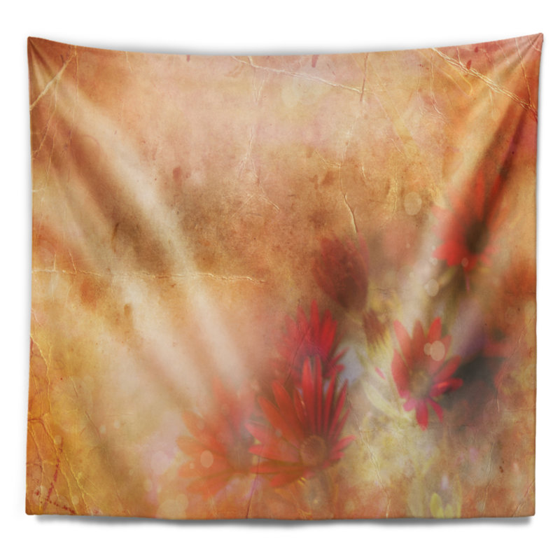 Fleurs rouges et roses sur une tapisserie brune, H 32 po x l 39 po