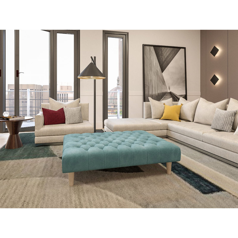 Castle 120cm Wide Velvet Tufted Rectangle Solid Colour Cocktail Ottoman, Blue