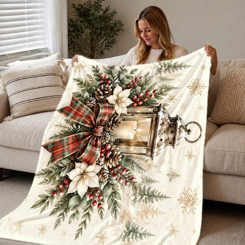 1Pcs Christmas Lantern Print Flannel Blanket – Festive Winter Scene;Warm and Cozy ThrowPerfect for Holiday Home DecorEasy Care Portable TravelIdeal Gift. Bedding and sofa items