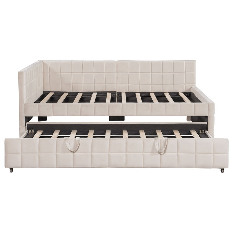 Upholstered L-Shaped Upholstered Daybed With Pop Up Trundle And USB Ports, Beige