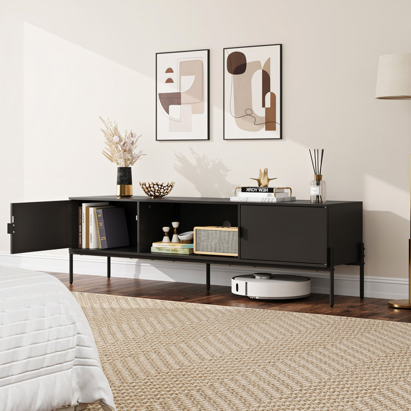 TV Stand for 65 Inch TV, Mid Century Modern Entainment Center with 2 Storage Cabinets & Open Shelf, TV Console Table Media with Metal Legs for Living Room, Bedroom