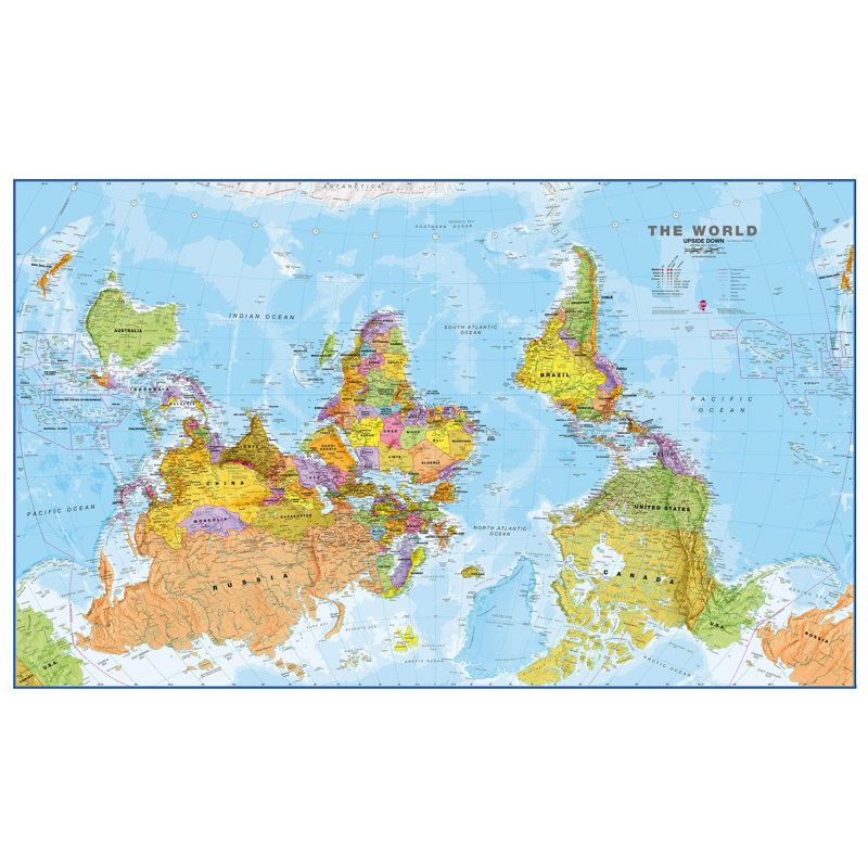 Huge Upside Down World Wall Map Political - No Frame Print, 84cm H x 136cm W x 0.5cm D