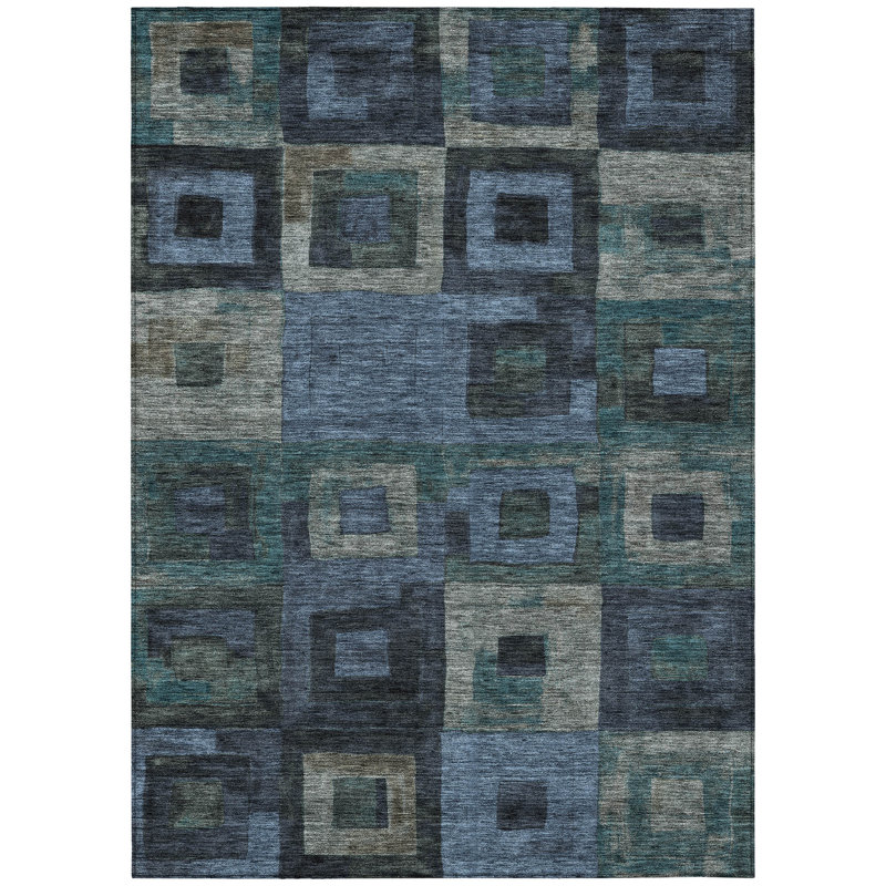 Machine Washable Blue Geometric Indoor/Outdoor Rug