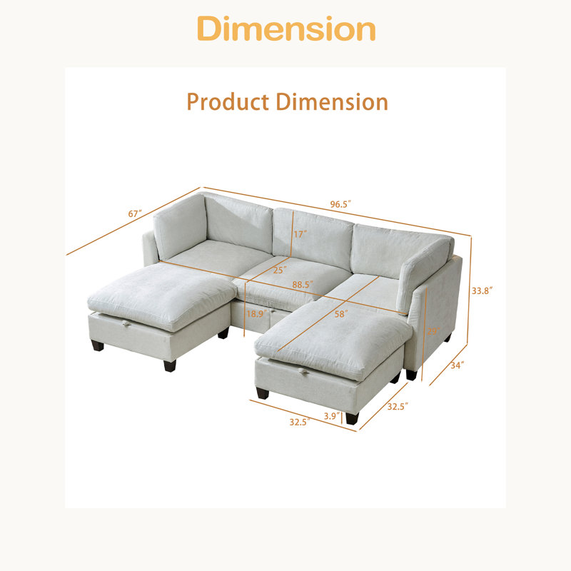Canapé modulaire 96,5 po pour salon, canapé rembourré en chenille douce avec rangement, canapé 3 places avec deux repose-pieds en forme de U