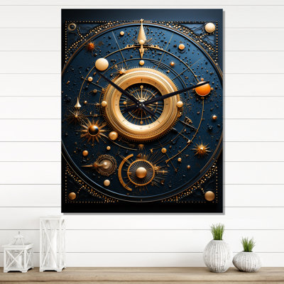 Horloge murale abstraite Arcanes Visions en or et bleu sarcelle II