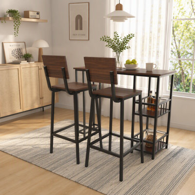 Ensemble de table de bar 3 pièces à hauteur de comptoir avec 2 tabourets de bar sans dossier, table de pub rectangulaire avec rangement latéral à 3 niveaux, grain de bois industriel