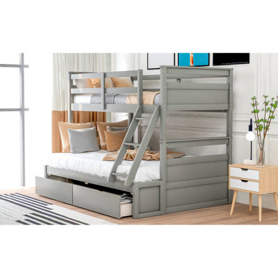 Full Bunk Bed With Storage - Gray, Solid Wood Construction For And Adults Gray Provides Convenient