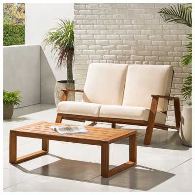 Ensemble de causeuse et de table basse en bois d'acacia et de table basse avec coussins imperméables beige Paloma - Mobilier de conversation extérieur moderne