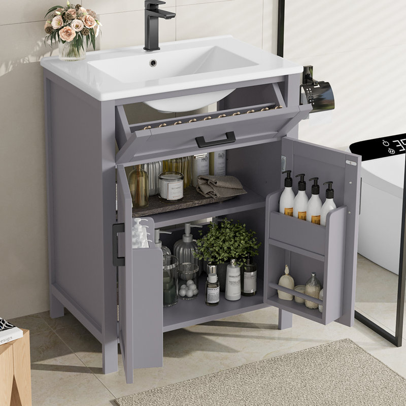 Freestanding Bathroom Vanity with Ceramic Basin, Grey