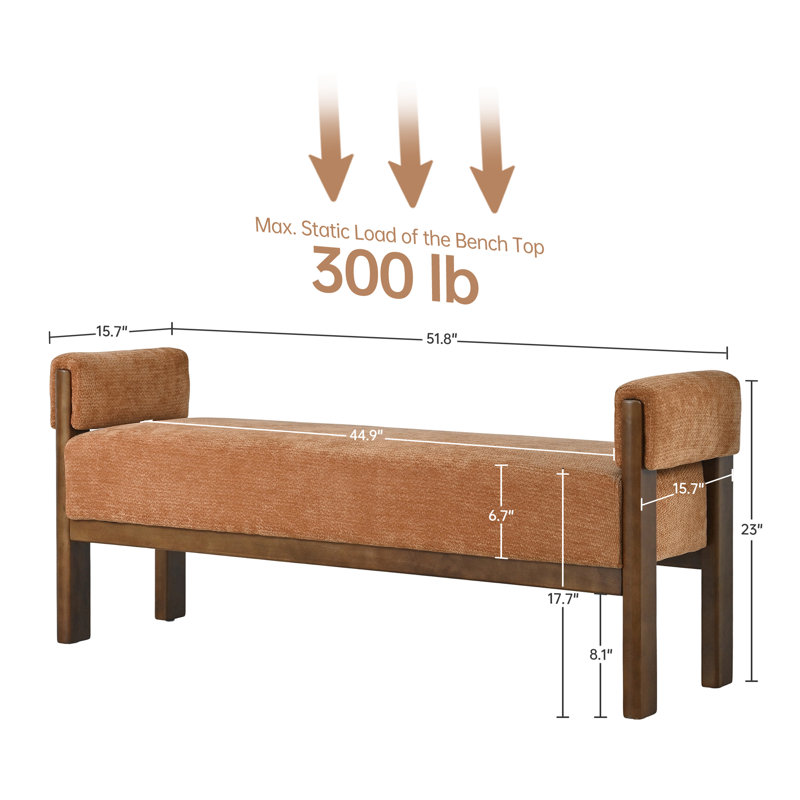 Modern Boucle Upholstered Bench Bed End Ottoman, Orange Chenille