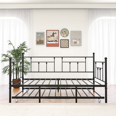 Daybed Metal Frame With Trundle Set, Day Bed Sofa, Daybed And Roll Sofa Bed For Guest Room, Bedroom, Living Room, Victorian Style by August Grove