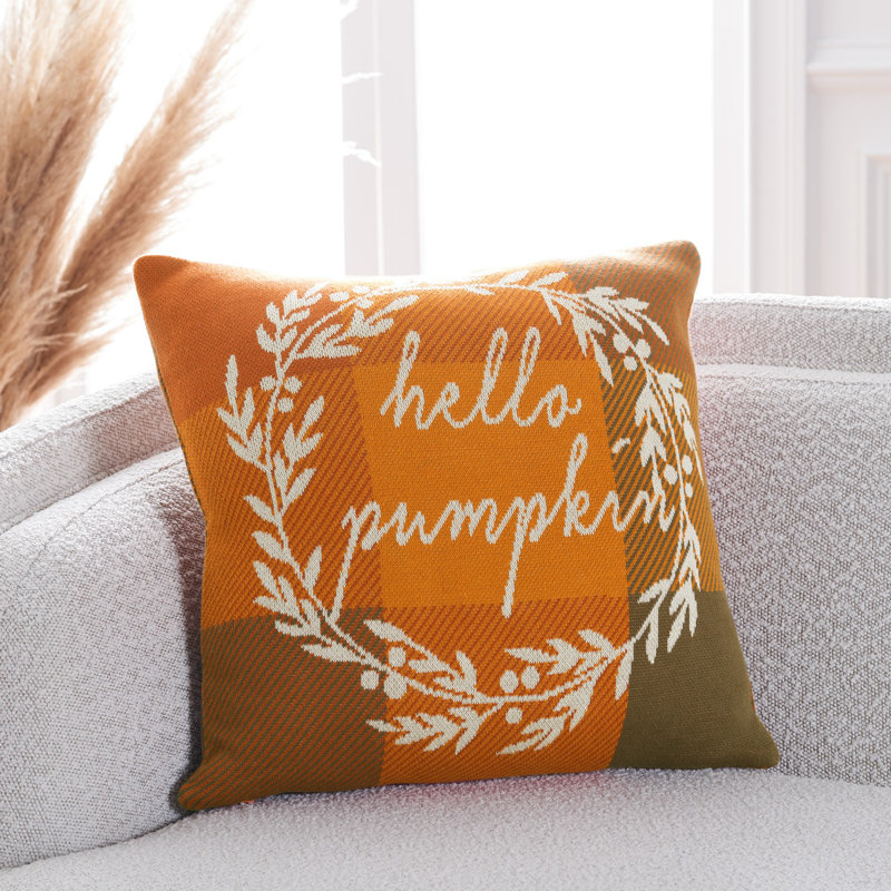Hello Pumpkin Orange Cotton Thanksgiving Pillow 19" x 19"