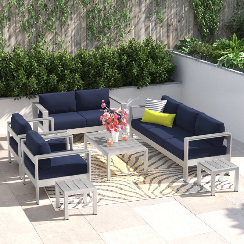 Shore 7 Piece Sunbrella Sofa Seating Group with Cushions, Navy Sunbrella®