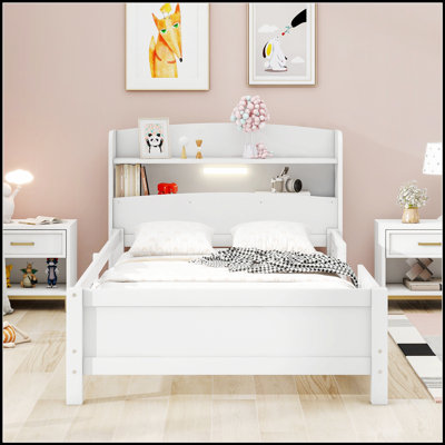 Lit plateforme en bois avec éclairage à DEL intégré, tête de lit avec rangement et garde-corps de sécurité pour les chambres modernes